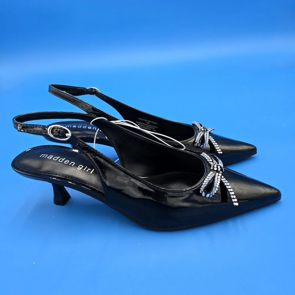 MADDEN GIRL WOMEN'S VIOLETTEE BLACK PATTENT‎ SLINGBACKS Rhinestone Bow 7M NWOB